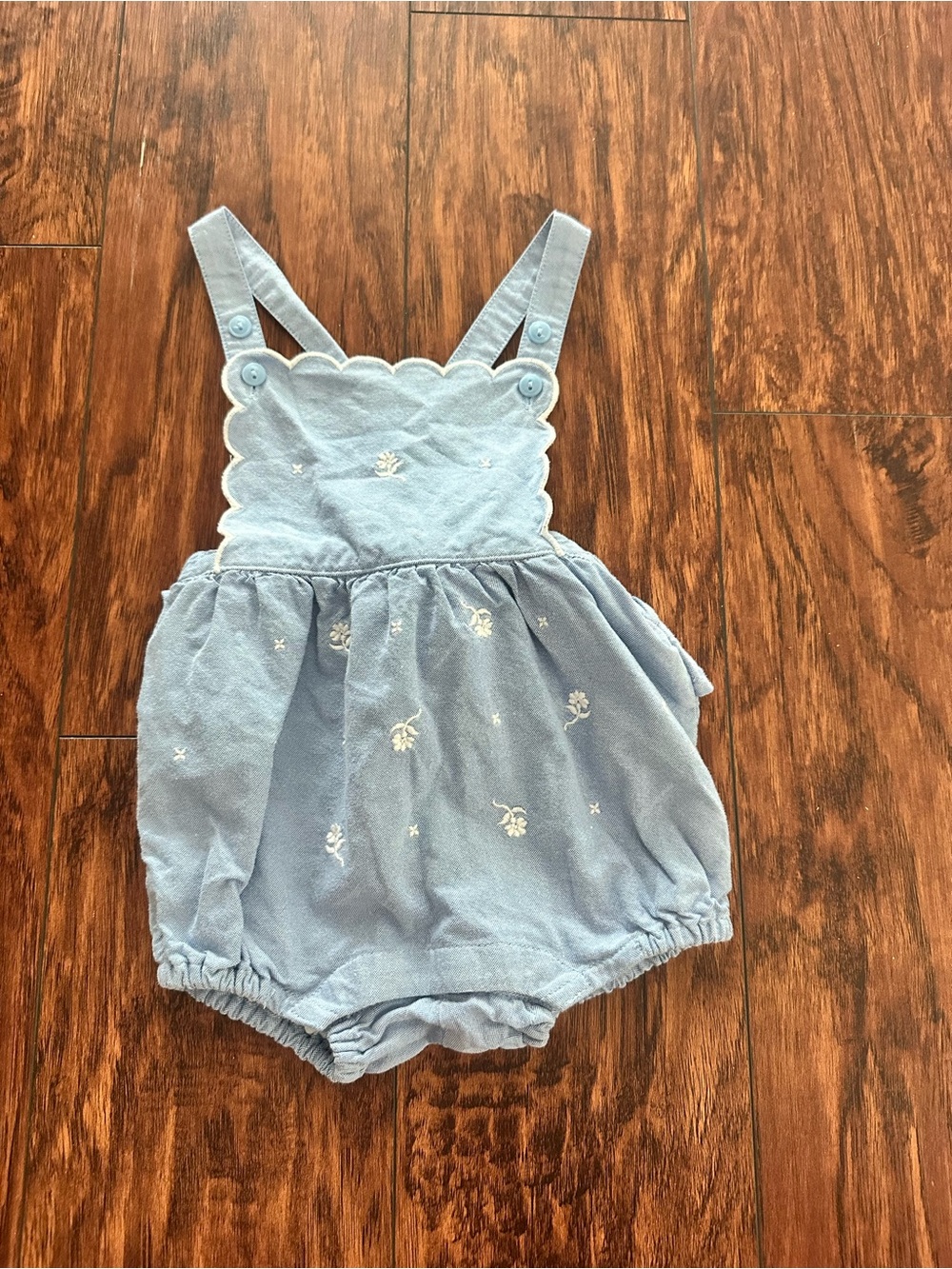 Janie and Jack Light Chambray Embroidered Scallop Bib Romper